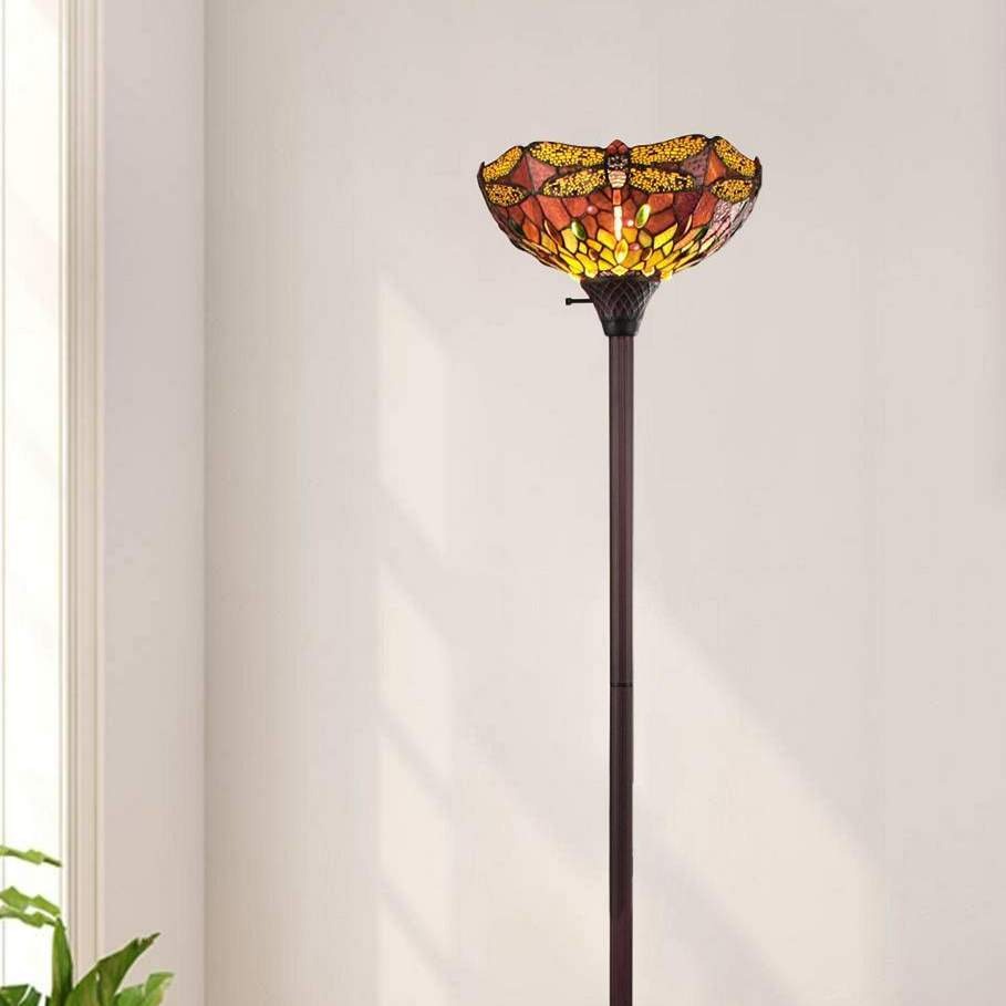 Dragonfly Design Tiffany Style Stained Glass Red Torchiere Floor Lamp