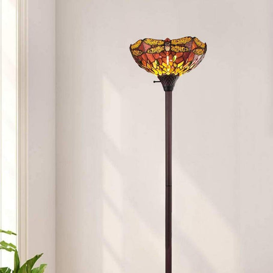 Dragonfly Design Tiffany Style Stained Glass Red Torchiere Floor Lamp