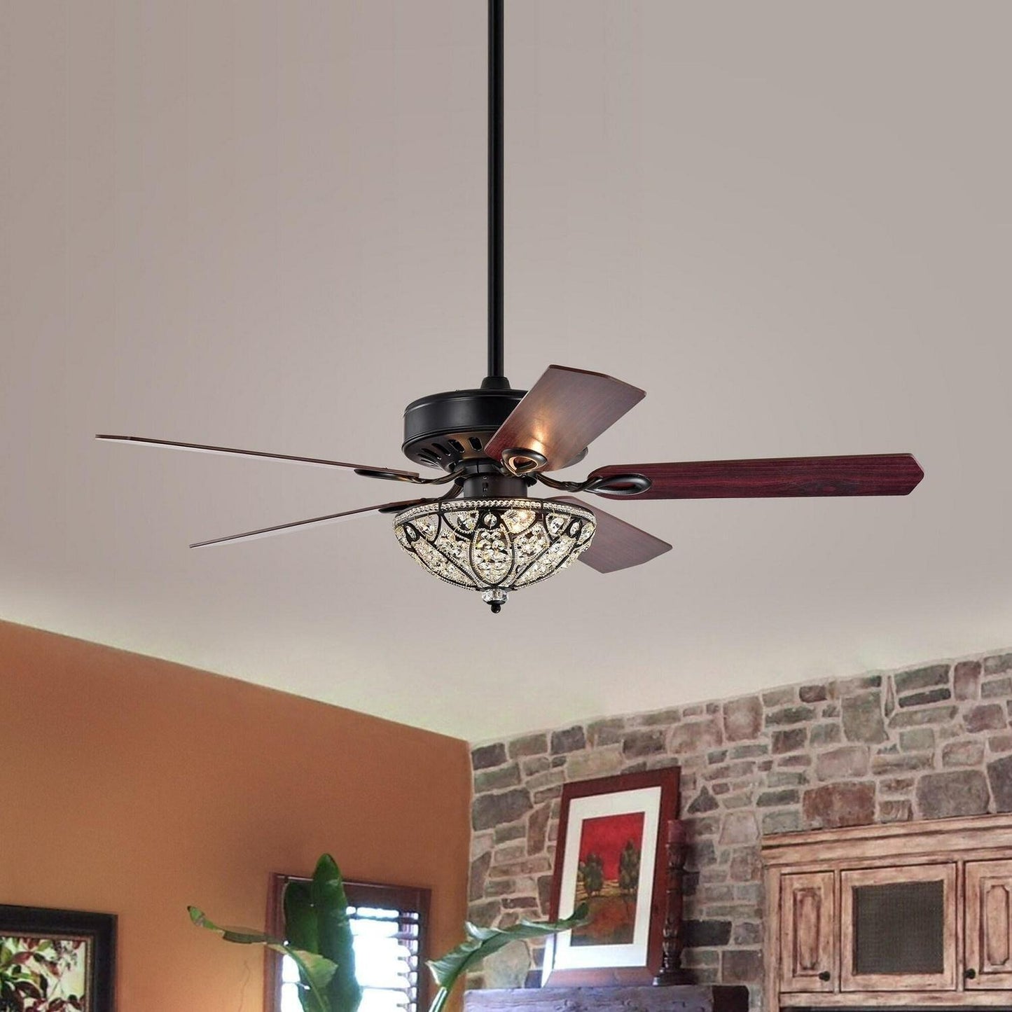 52-inch 5 Blade Crystal Bowl Shade Ceiling Fan with Remote Control