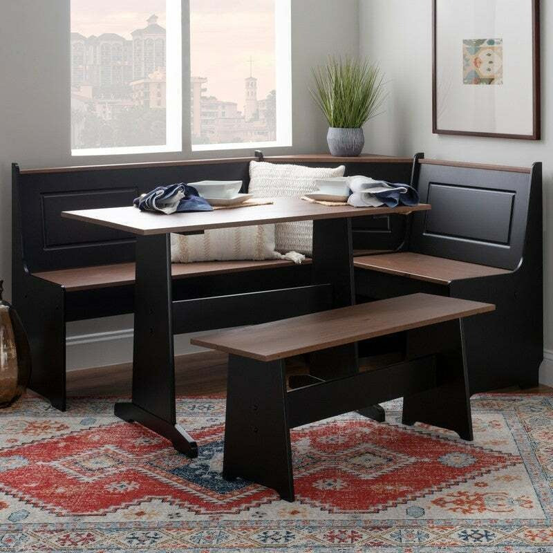 Farmhouse Style Corner Breakfast Dinette Set w/ Storage Bench - Black w/ Nat Top