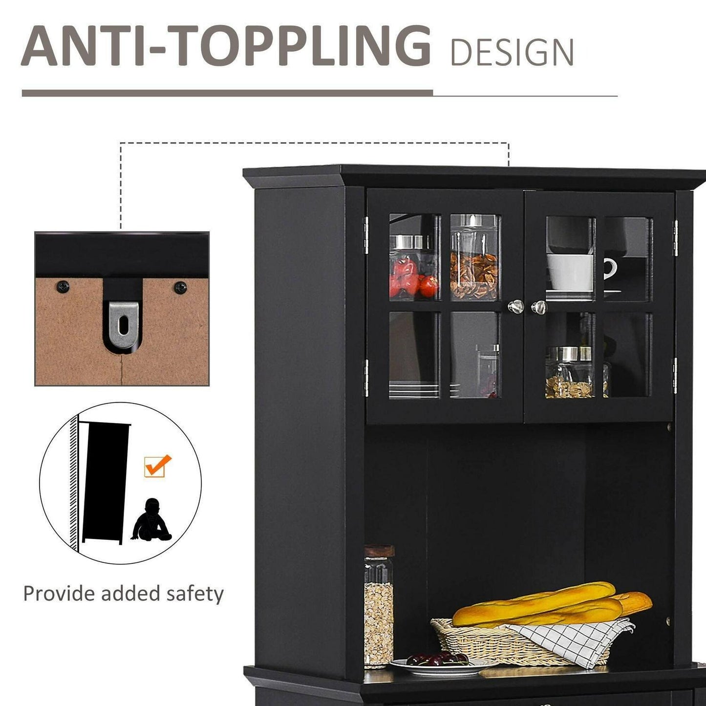 Black Kitchen Buffet Storage Cupboard with Framed Glass Door and Microwave Space