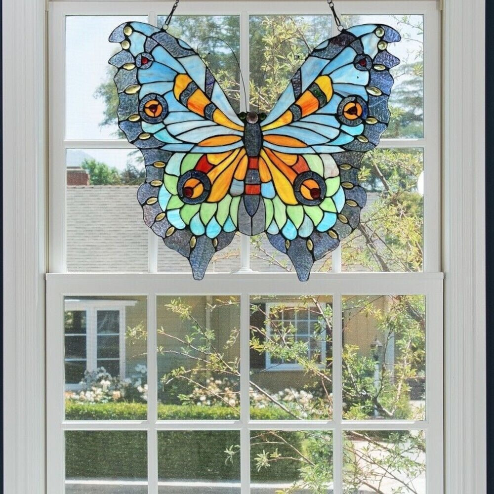 Stained Glass Tiffany Style Butterfly Design Window Panel Suncatcher 21x20in