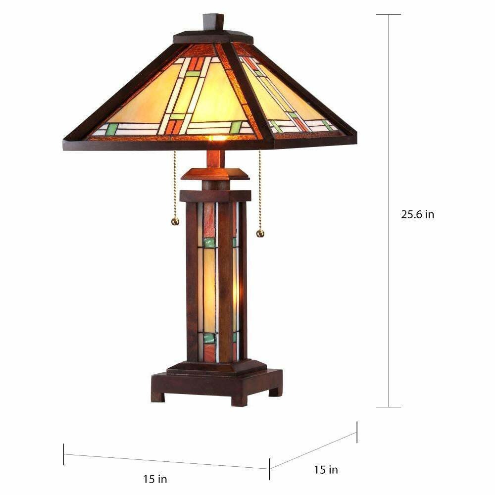 Tiffany Style Mission Design Double Lit Table Lamp Lighted Base Lt Bronze Finish