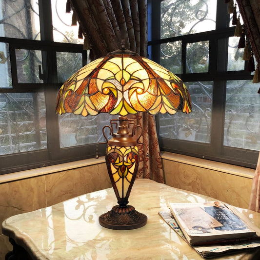 Golden Amber Tiffany Inspired Victorian Stained Glass Table Lamp w/ Lit Base