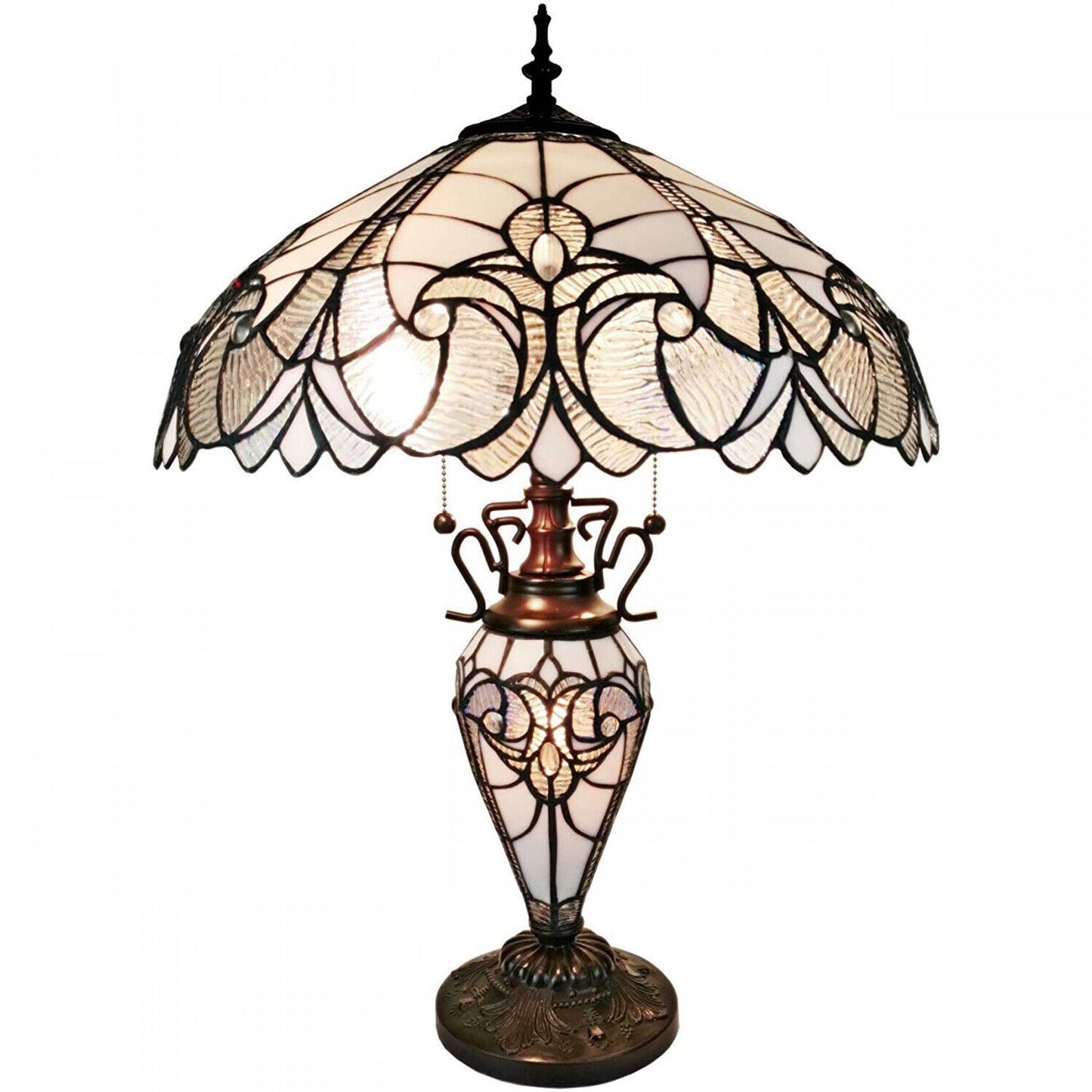 Tiffany Style White Stained Glass Victorian Floral Double Lit Table Lamp