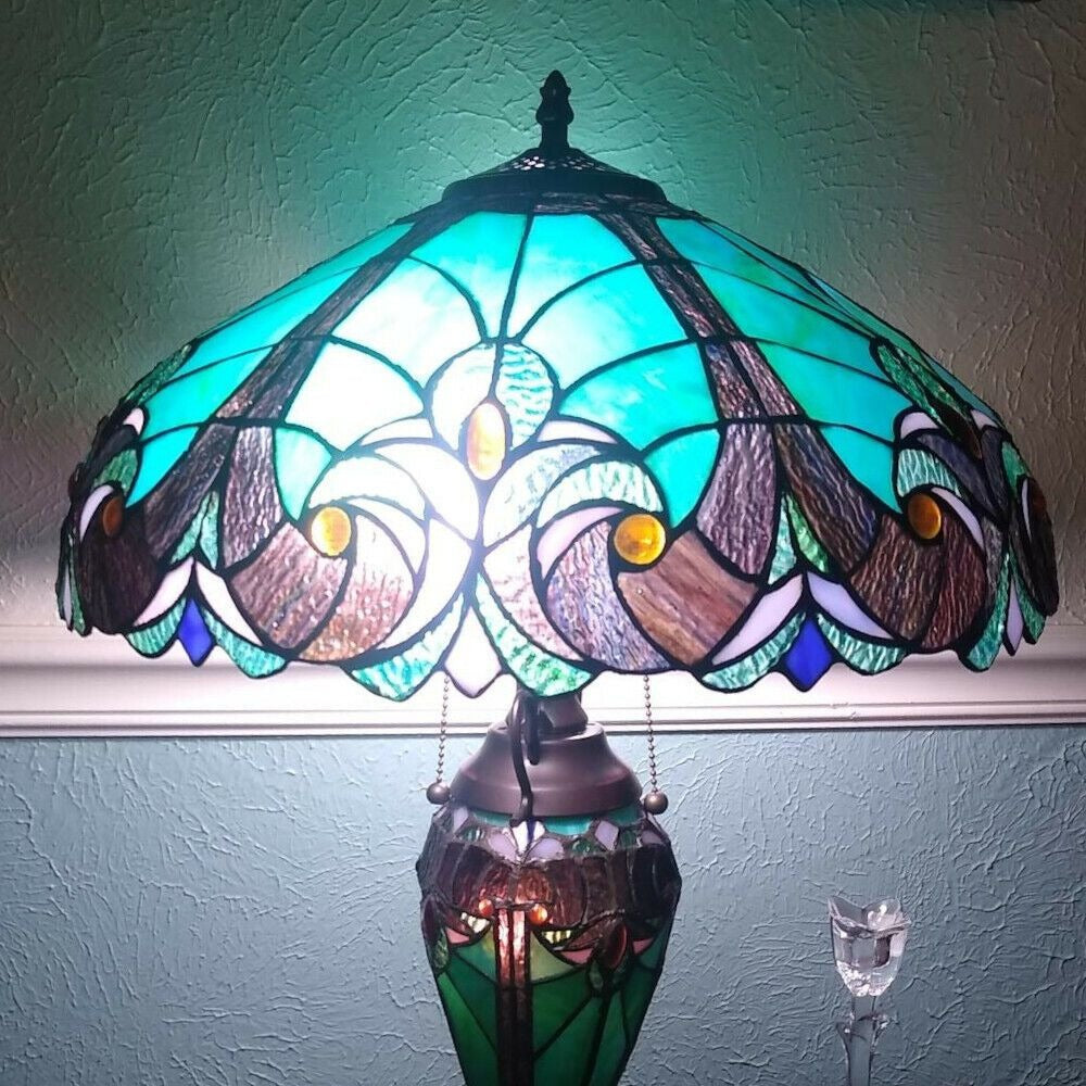 Emerald Green Victorian Theme Tiffany Style Stained Glass Table Lamp w/ Lit Base