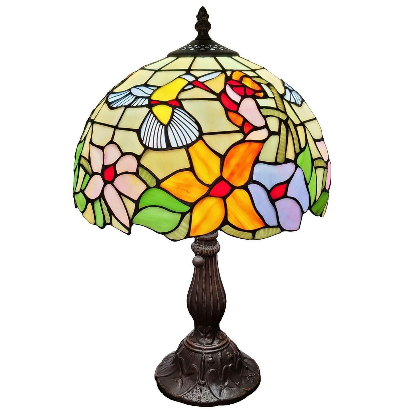 Tiffany Style Table Lamp 19in Tall Floral Hummingbird Stained Glass Accent Lamp