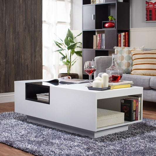 White Contemporary Coffee Table 3-Shelf Storage Black Window Shelf 47-in