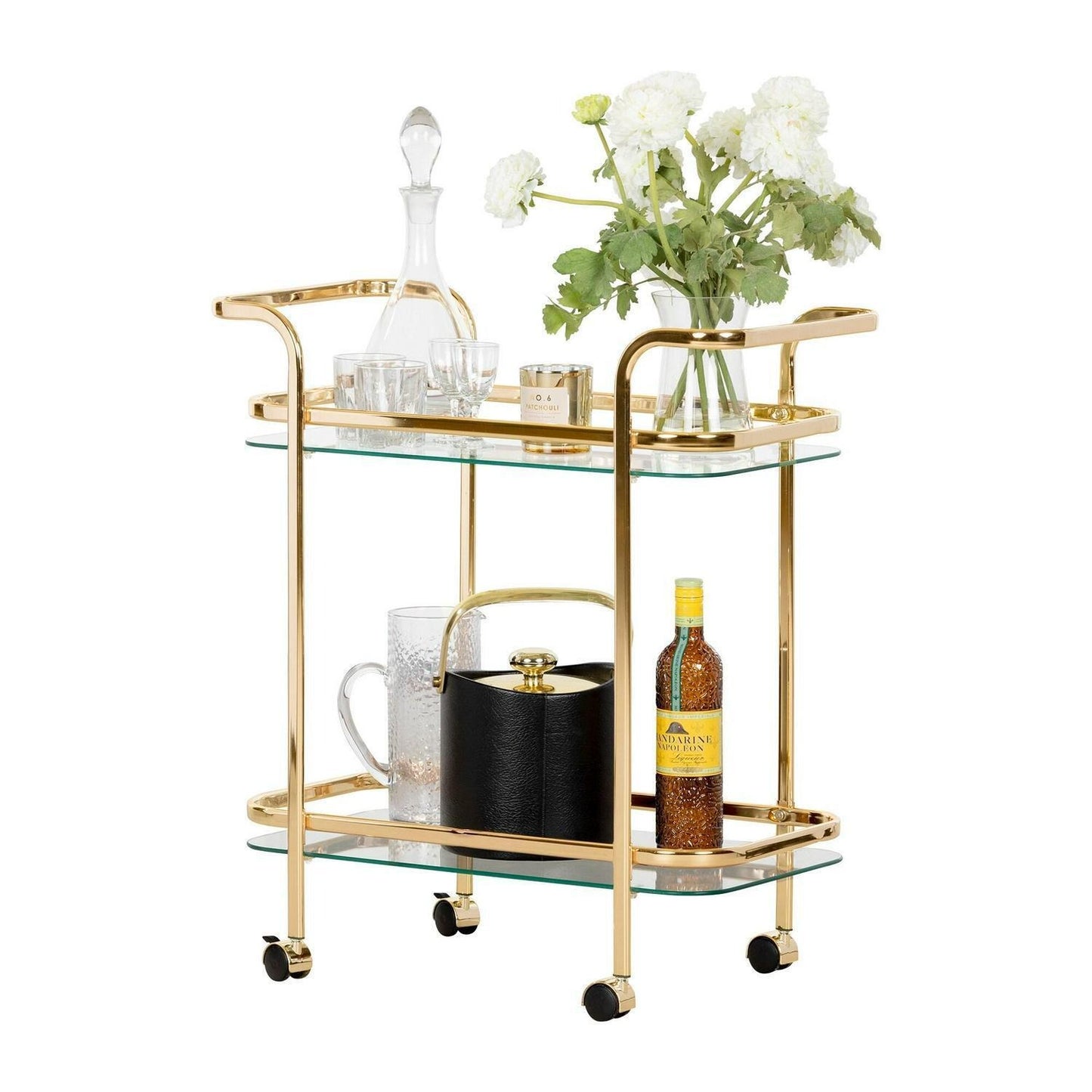 Modernist Gold Finish Metal and Glass Serving Wine and Tea Cart