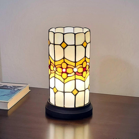 White and Amber Tiffany Style Stained Glass Hurricane Lamp Table Lamp 10in