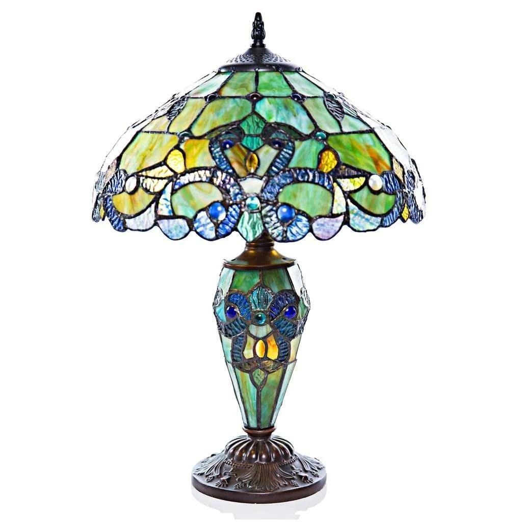 Tiffany Style Green Hue Lighted Base Stained Glass Accent Table Lamp 20in