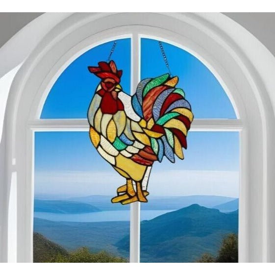 Rooster Suncatcher Tiffany Style Stained Glass Hanging Window Panel 15in