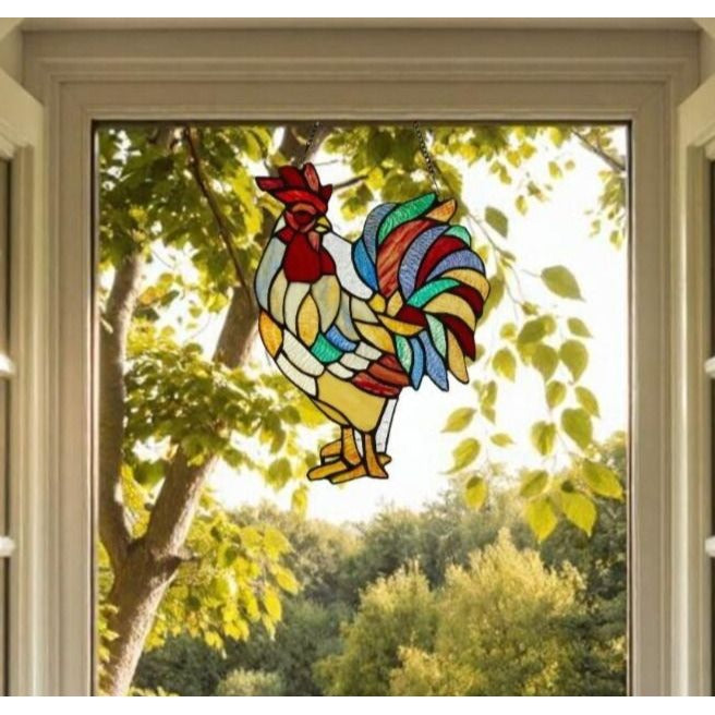 Rooster Suncatcher Tiffany Style Stained Glass Hanging Window Panel 15in