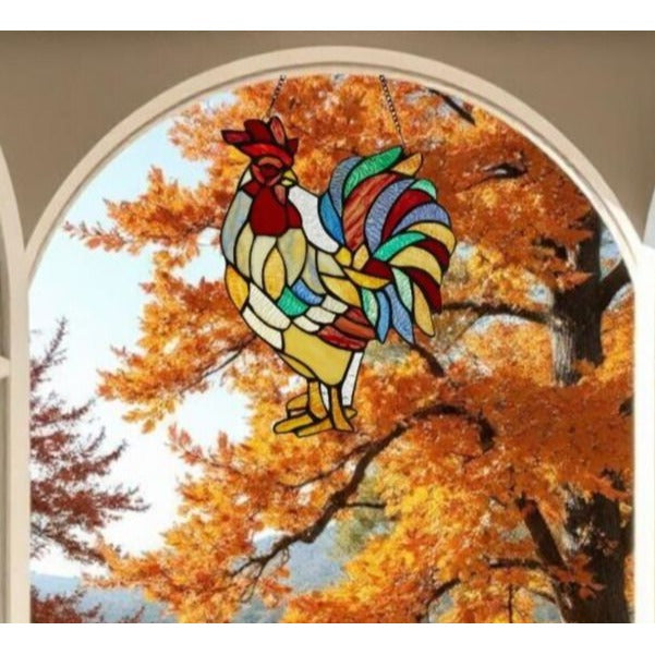 Rooster Suncatcher Tiffany Style Stained Glass Hanging Window Panel 15in