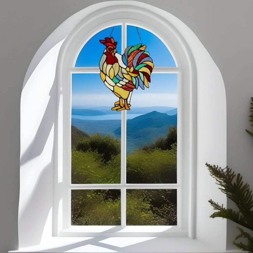 Rooster Suncatcher Tiffany Style Stained Glass Hanging Window Panel 15in