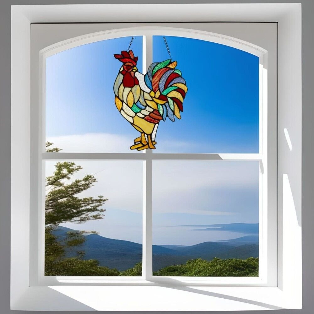 Rooster Suncatcher Tiffany Style Stained Glass Hanging Window Panel 15in