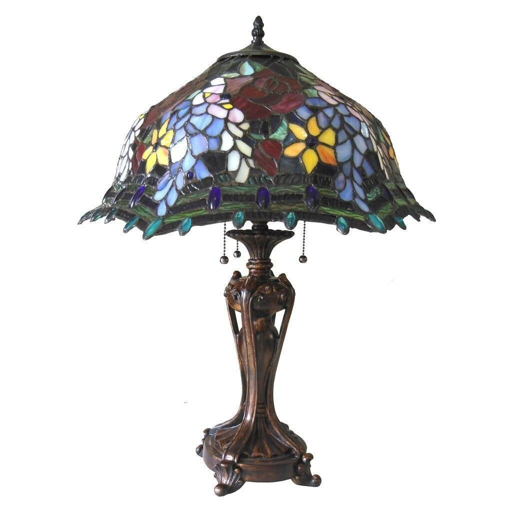 Tiffany Style Rose Wisteria Floral Design 3-Light Stained Glass Table Lamp 25in