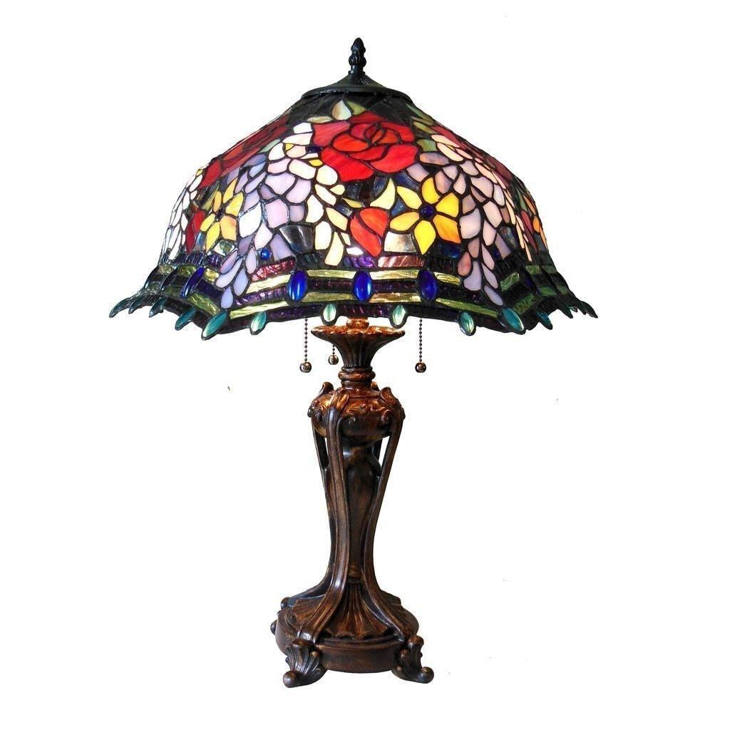 Tiffany Style Rose Wisteria Floral Design 3-Light Stained Glass Table Lamp 25in