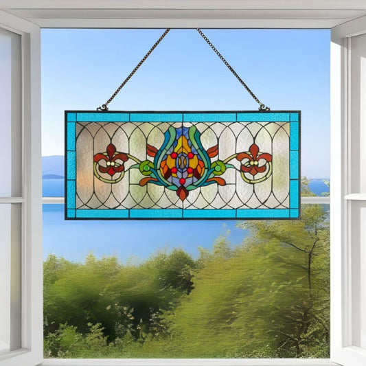 Fleur De Lis Shades of Blue Stained Glass Window Panel Suncatcher 30L x 14H
