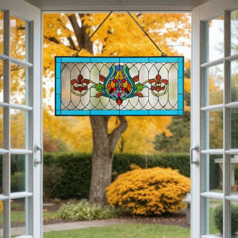 Fleur De Lis Shades of Blue Stained Glass Window Panel Suncatcher 30L x 14H