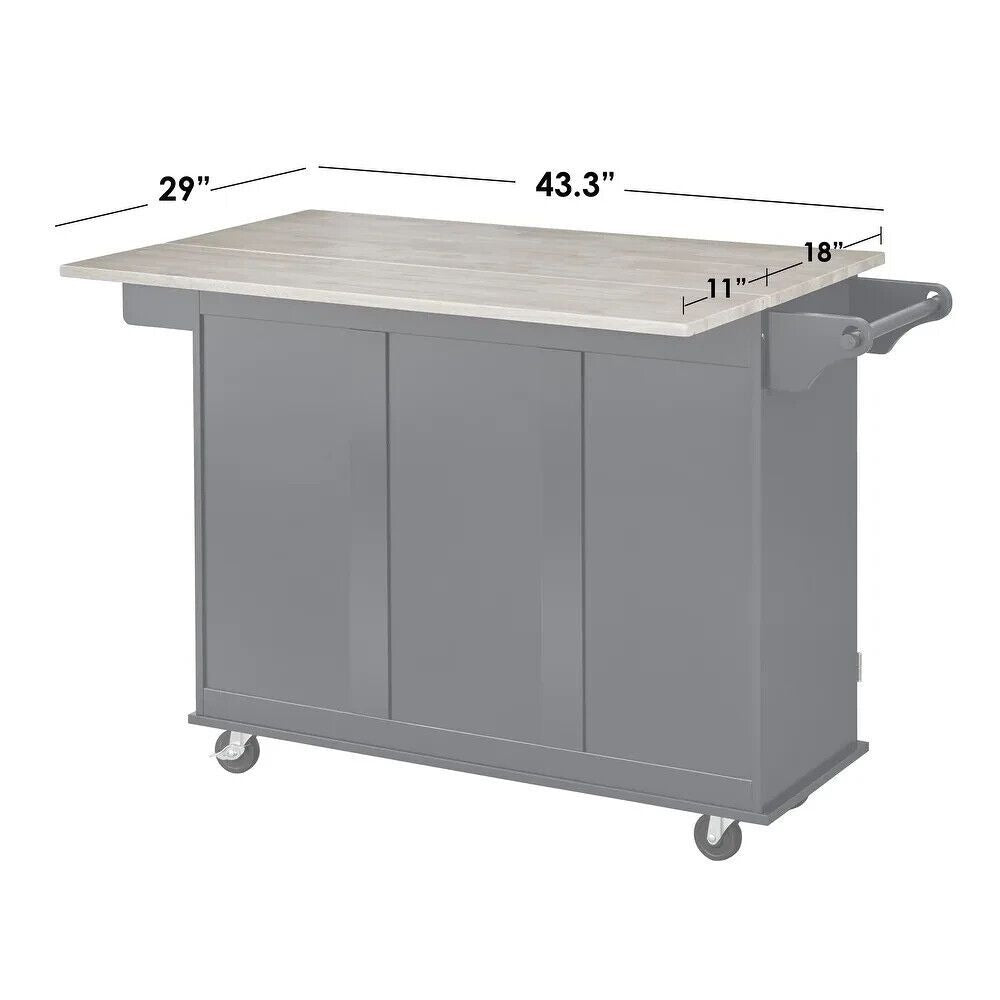 Light Gray Kitchen Cart Rolling Island Cabinet  - Natural Finish Wood Top