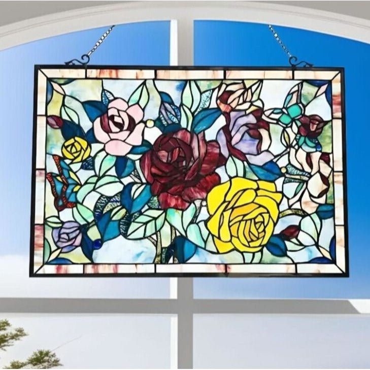 Roses Themed Tiffany Style Window Panel Suncatcher Stained Glass 27inWx19in