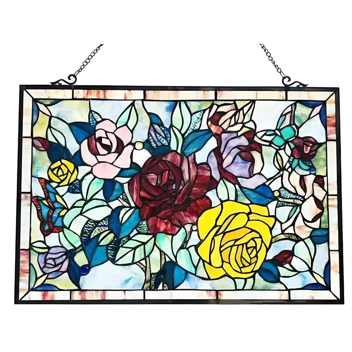 Roses Themed Tiffany Style Window Panel Suncatcher Stained Glass 27inWx19in