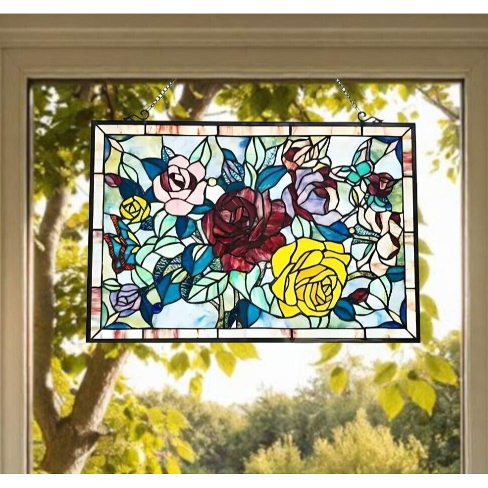 Roses Themed Tiffany Style Window Panel Suncatcher Stained Glass 27inWx19in