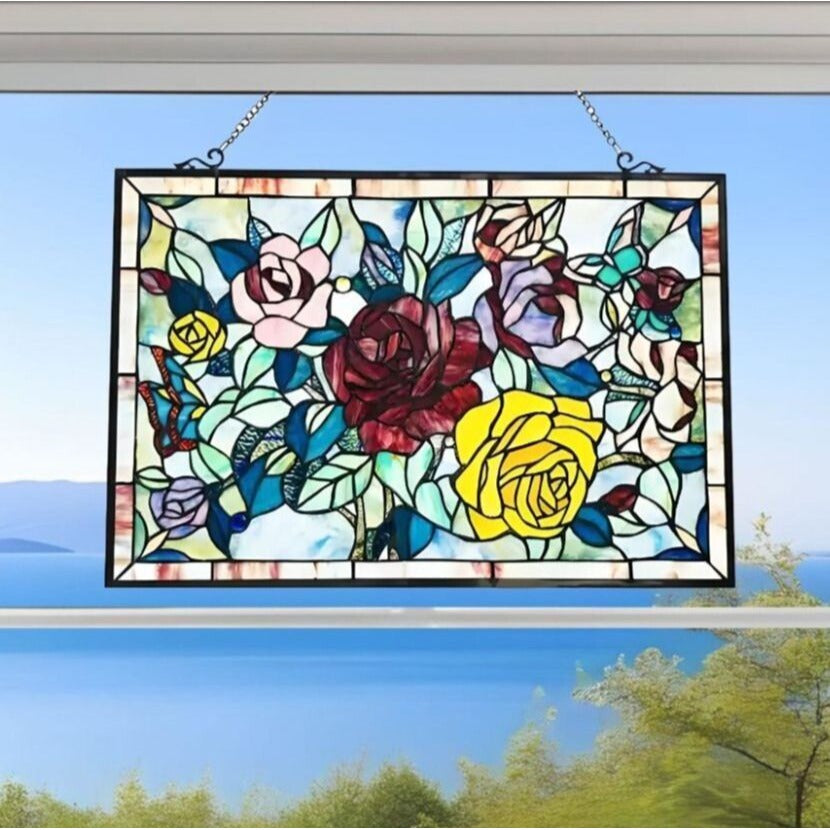 Roses Themed Tiffany Style Window Panel Suncatcher Stained Glass 27inWx19in