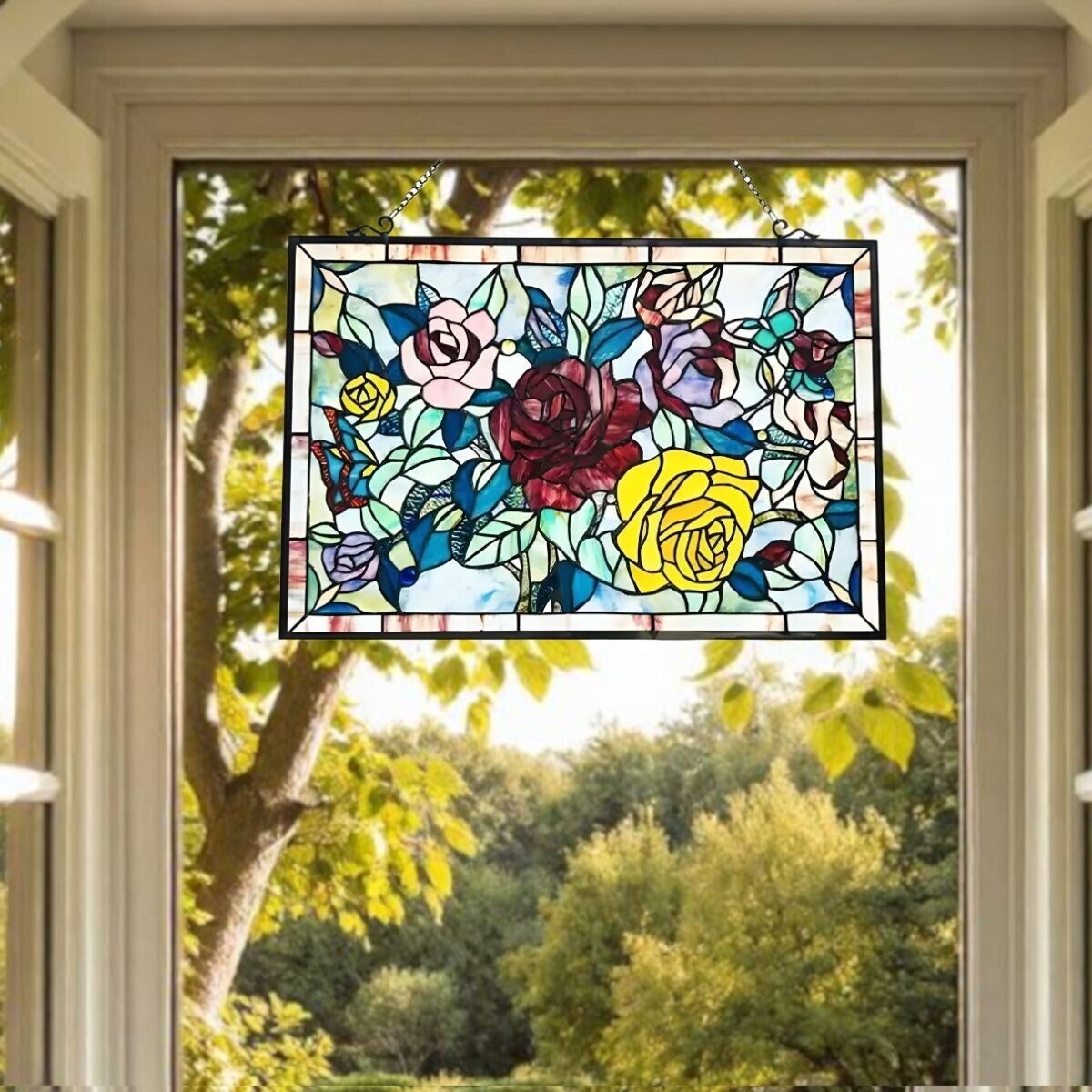 Roses Themed Tiffany Style Window Panel Suncatcher Stained Glass 27inWx19in