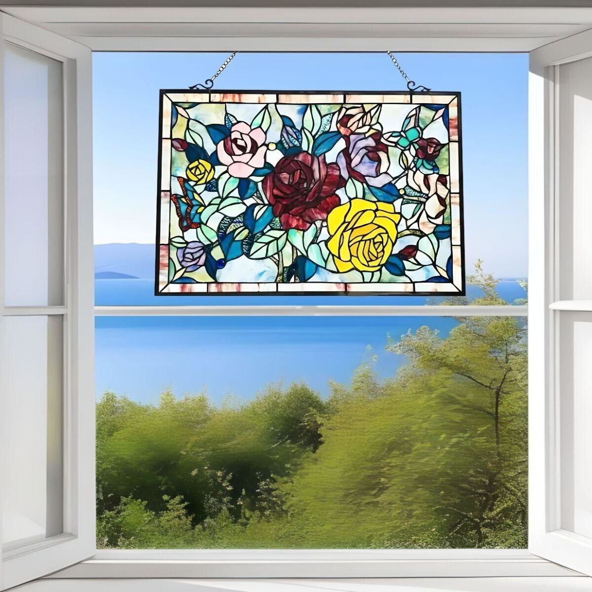 Roses Themed Tiffany Style Window Panel Suncatcher Stained Glass 27inWx19in