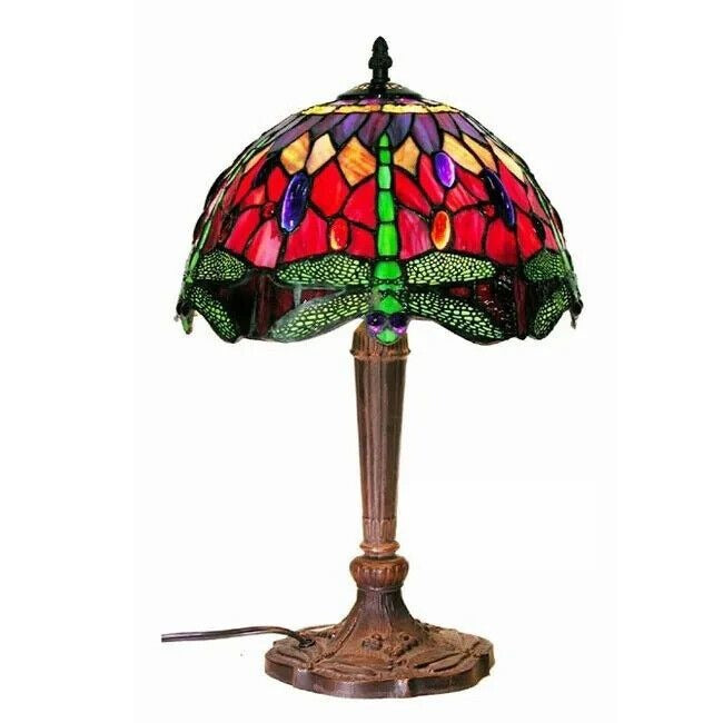 Tiffany Style Stained Glass Dragonfly Accent Table Lamp in Red and Purple 19in