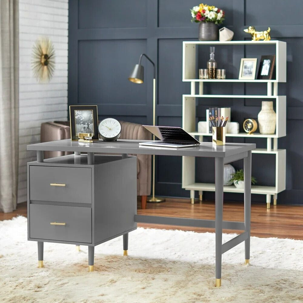 Desk Home Office 2-drawer Mid-Century Style Modern Desk in Charcoal Grey Finish