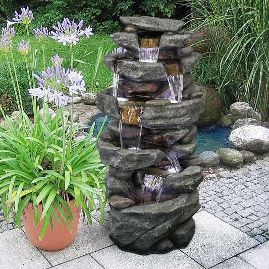 Relaxing Outdoor Water Fountain 6-Tier Rock Fountain, LED Lighted 40inT