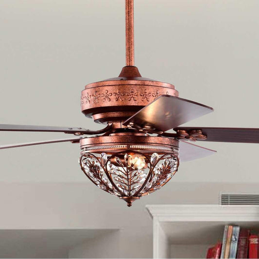 Elegant Remote-Controlled Antique Copper & Crystal Ceiling Fan, 3-Speed 5-Blade