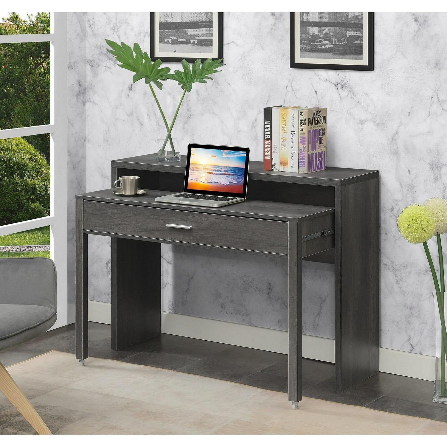 Black Finish Expandable Sliding Desk With Console and Drawer Computer ...