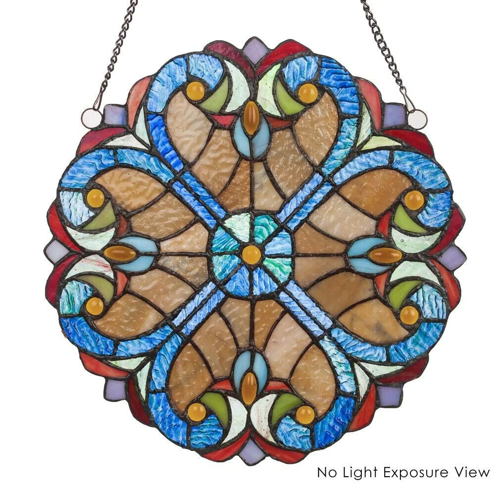 12-In Blue and Red Floral Tiffany Style Stained Glass Window Panel Suncatcher