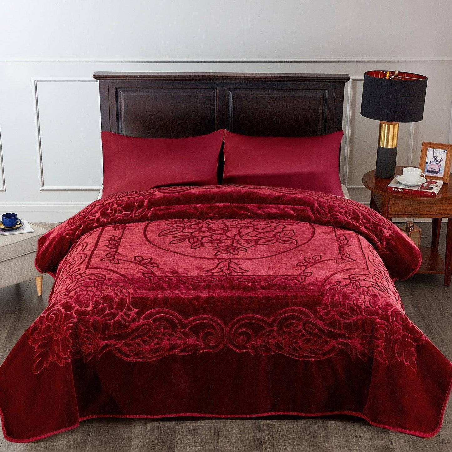 Luxurious Oversized Floral Embossed Bed Blanket/Cover in Burgundy