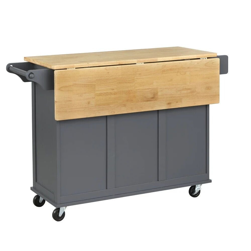 Navy Blue Kitchen Cart Rolling Island Cabinet - Natural Finish Wood Top Drop Lea