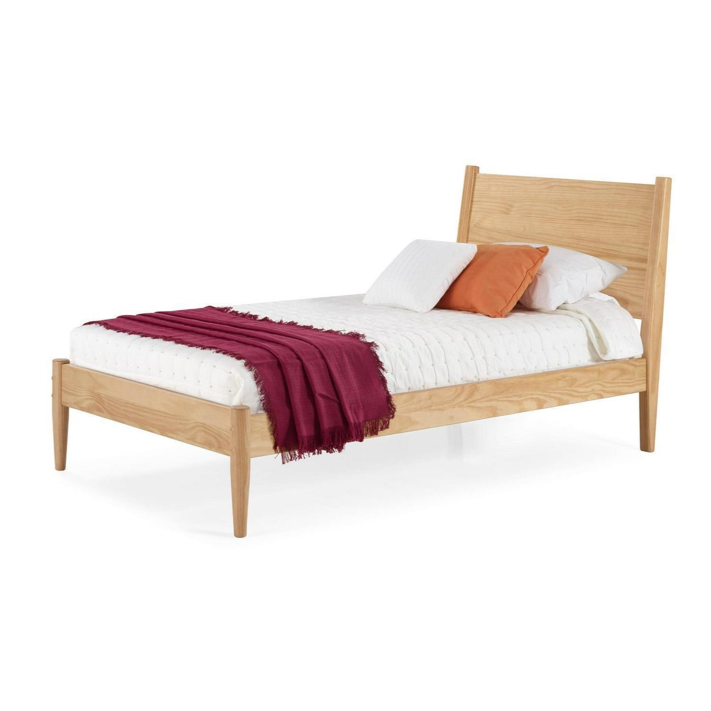 Mid-Century Style Pine Wood Twin Size Panel Bed in Natural Finish