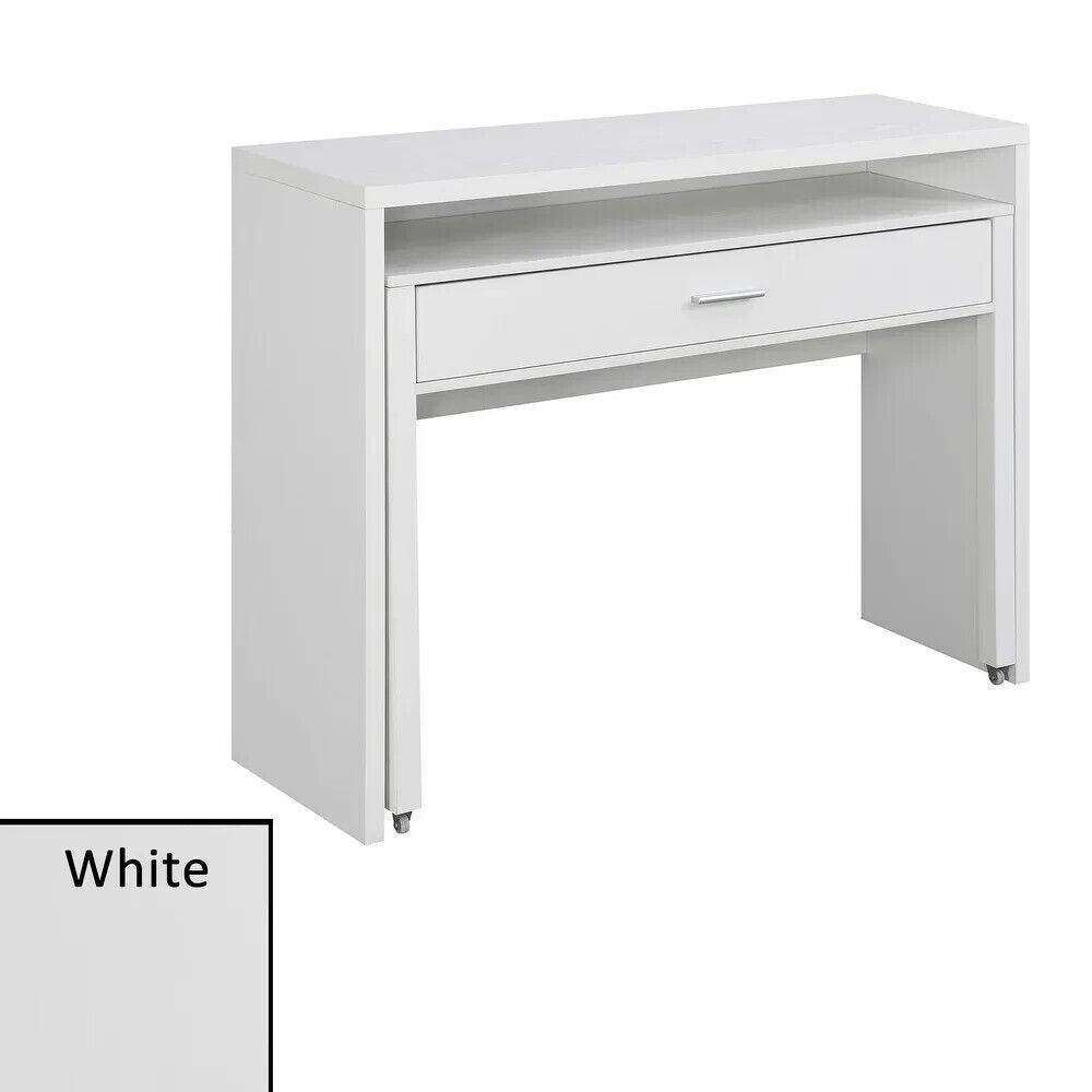White Finish Expandable Sliding Desk With Console and Drawer Computer Desk