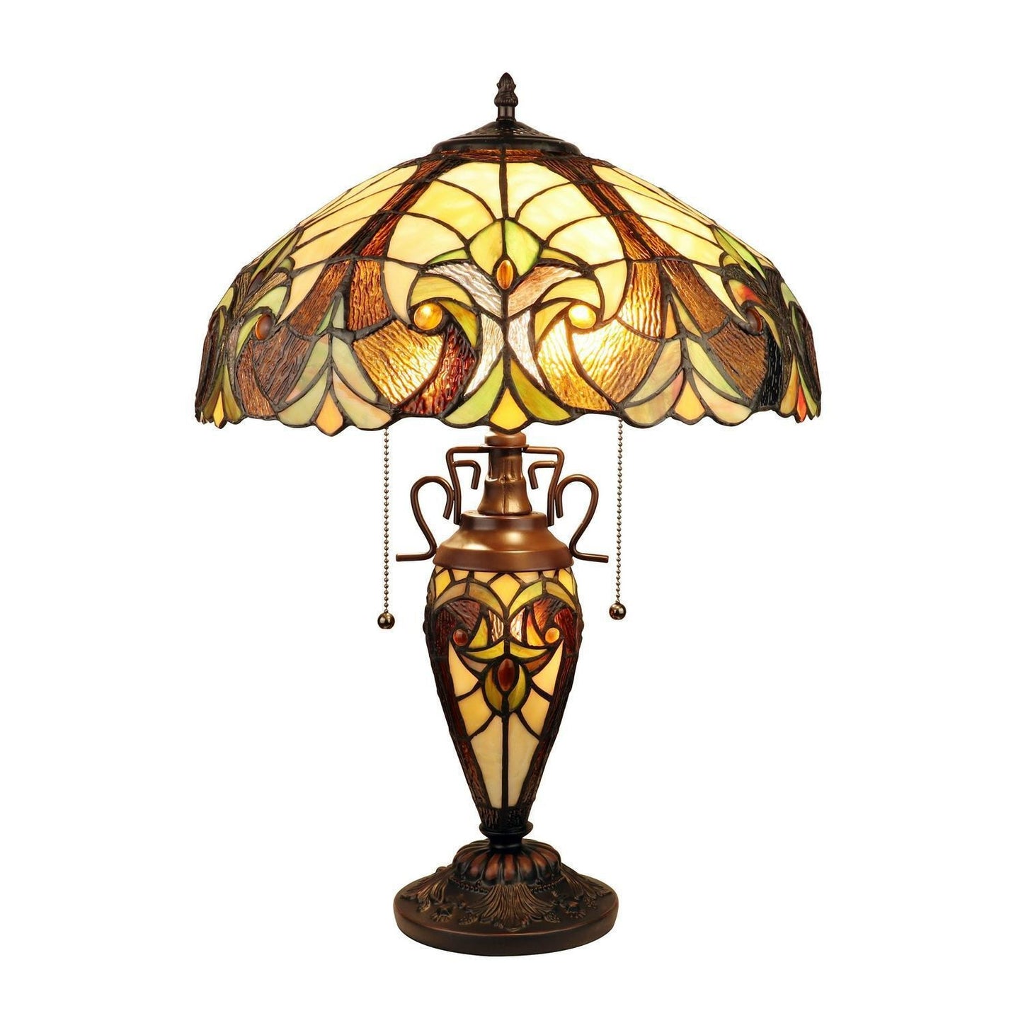 Golden Amber Tiffany Inspired Victorian Stained Glass Table Lamp w/ Lit Base