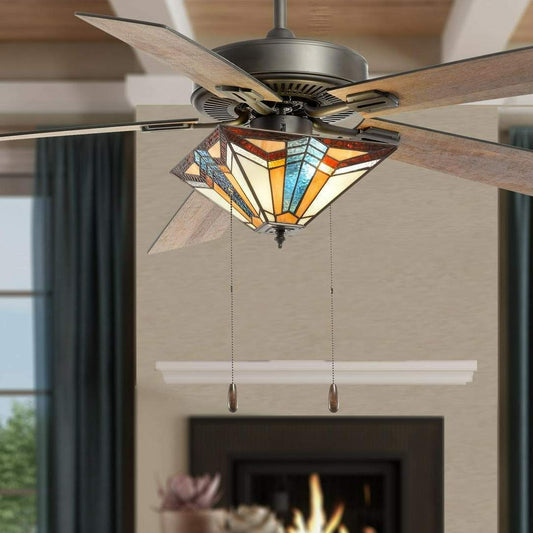 Tiffany Style Stained Glass Blue and Amber Mission 52in Ceiling Fan