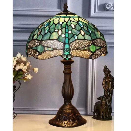 Tiffany Style Dragonfly Table Lamp Green Stained Glass & Bronze Fin Base 18.5in