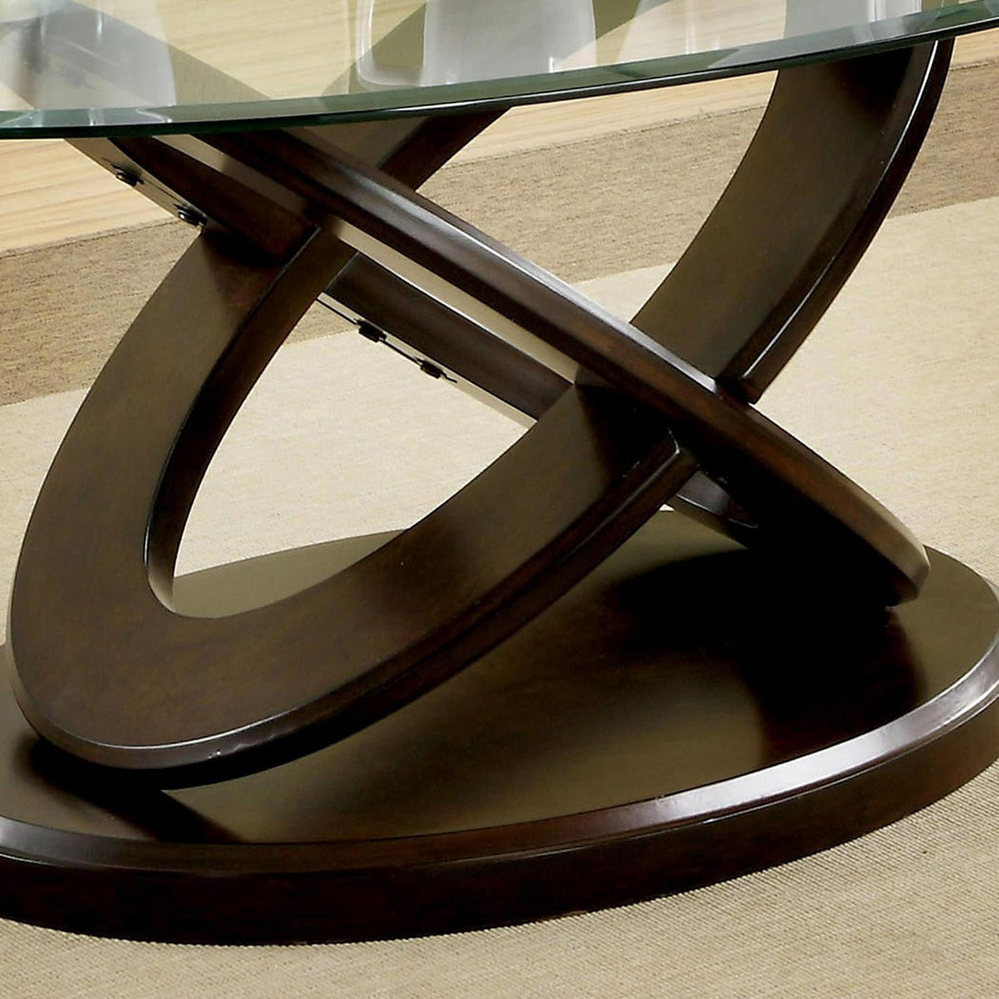 Dark Walnut Finished Comtemporary Crossed Leg Oval Coffee Table Glass Top