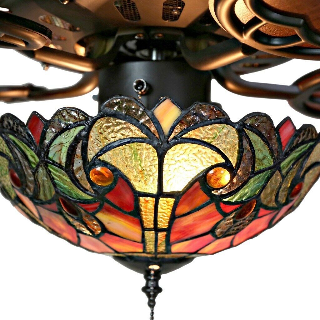 Tiffany Style Stained Glass Ceiling Fan Beautiful Spice Colors 52in - Pull Chain