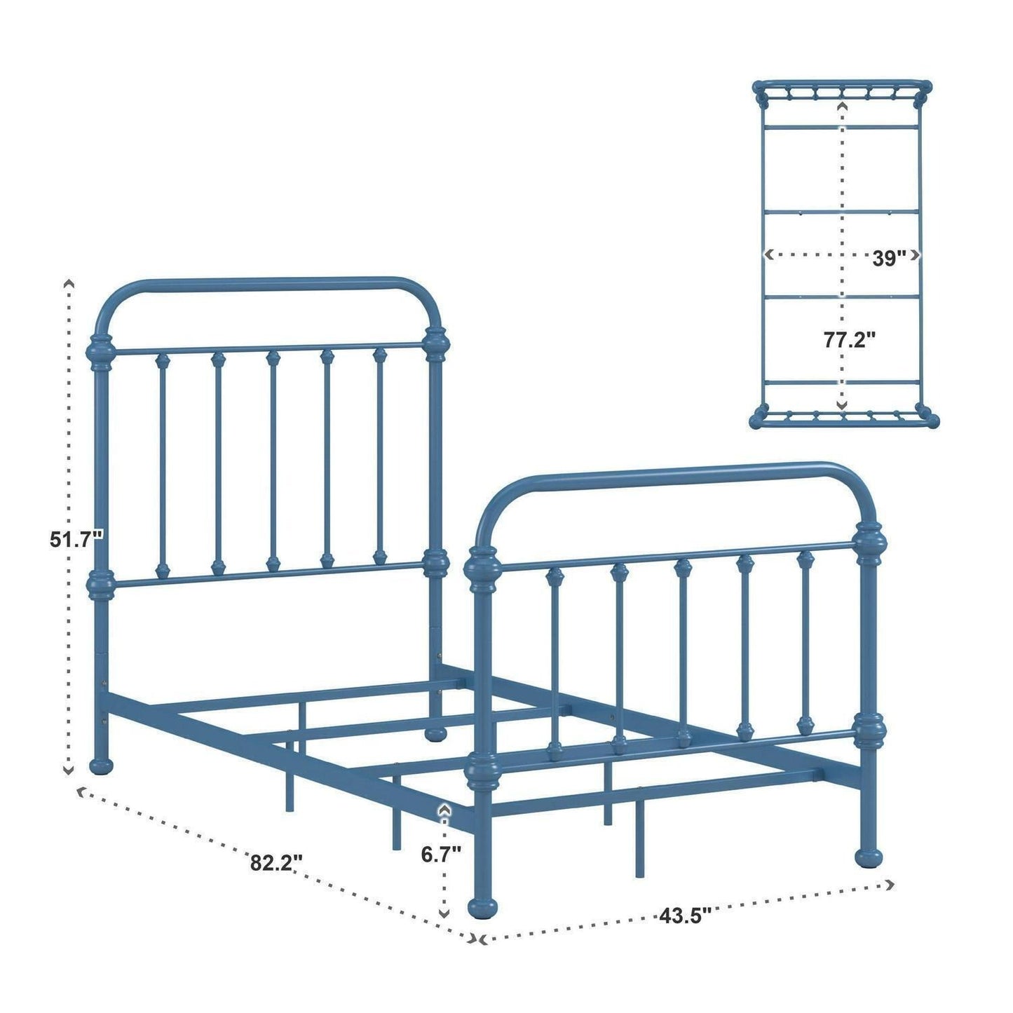 TWIN Size Iron Bed Classic Country Style in Cool Blue Steel Finish