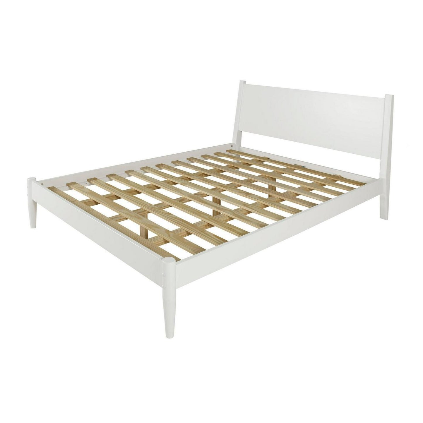 Pine Wood Mid-Century Style Queen Size Panel Bed in White Finish