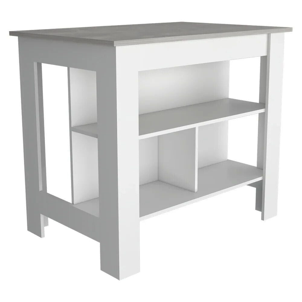 Kitchen Island Table With Open Lower Storage White Finished/Grey Stone Fin Top