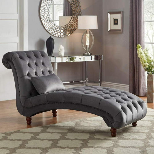 Dark Grey Velvet Upholstered Oversized Chaise Lounge Chair Sofa w/ Pillow